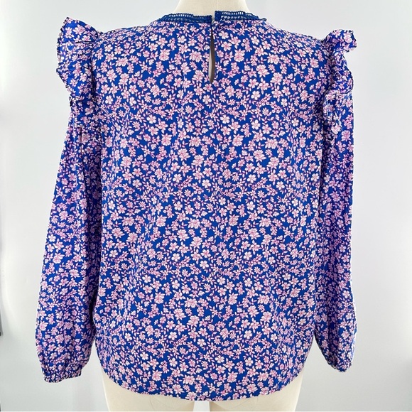 J Crew Outlet womens top size L blue pink floral peasant - Picture 5 of 12